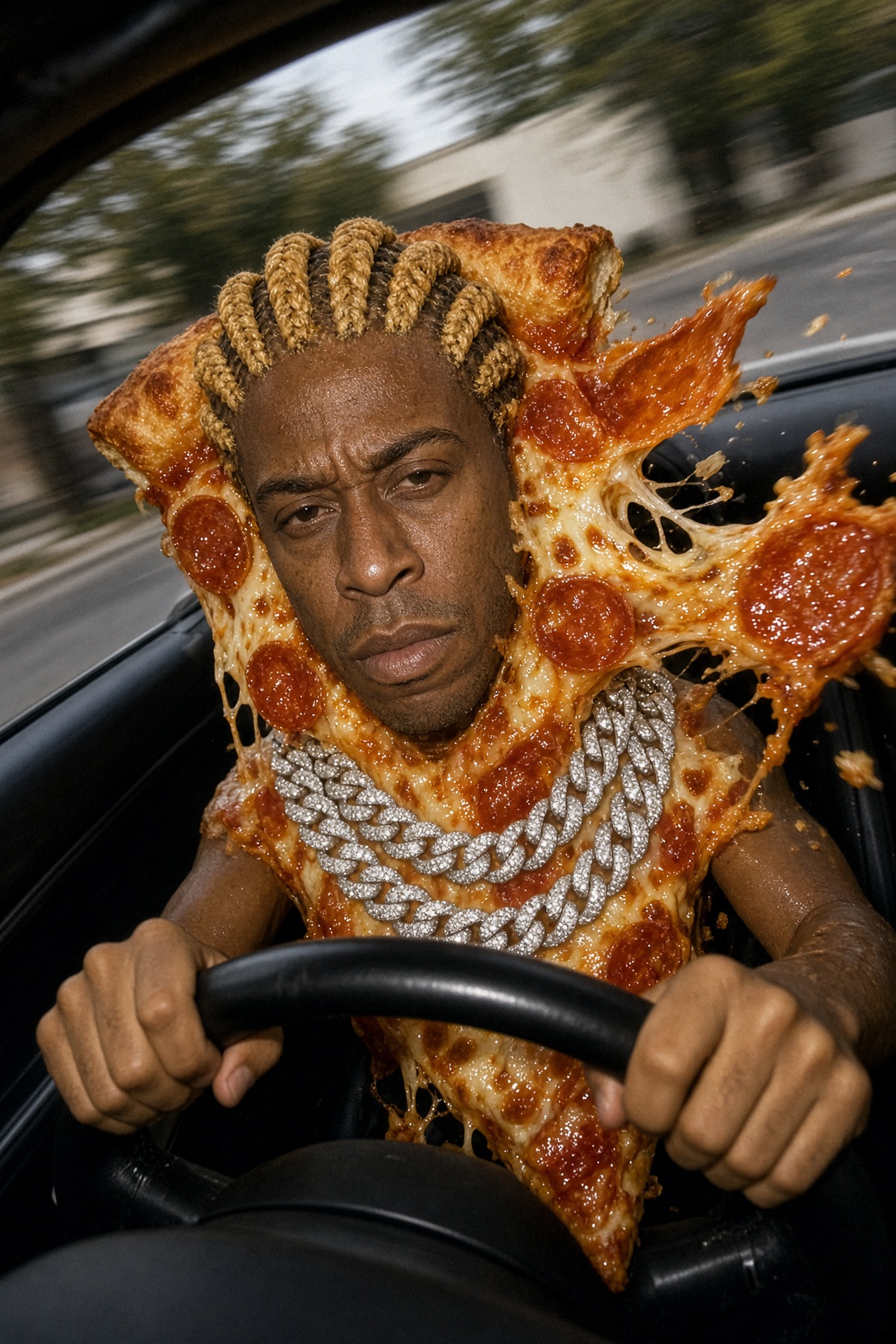LUDACRUST, a pepperoni pizza character wearing chains, grips a steering wheel with a blurred street behind him.